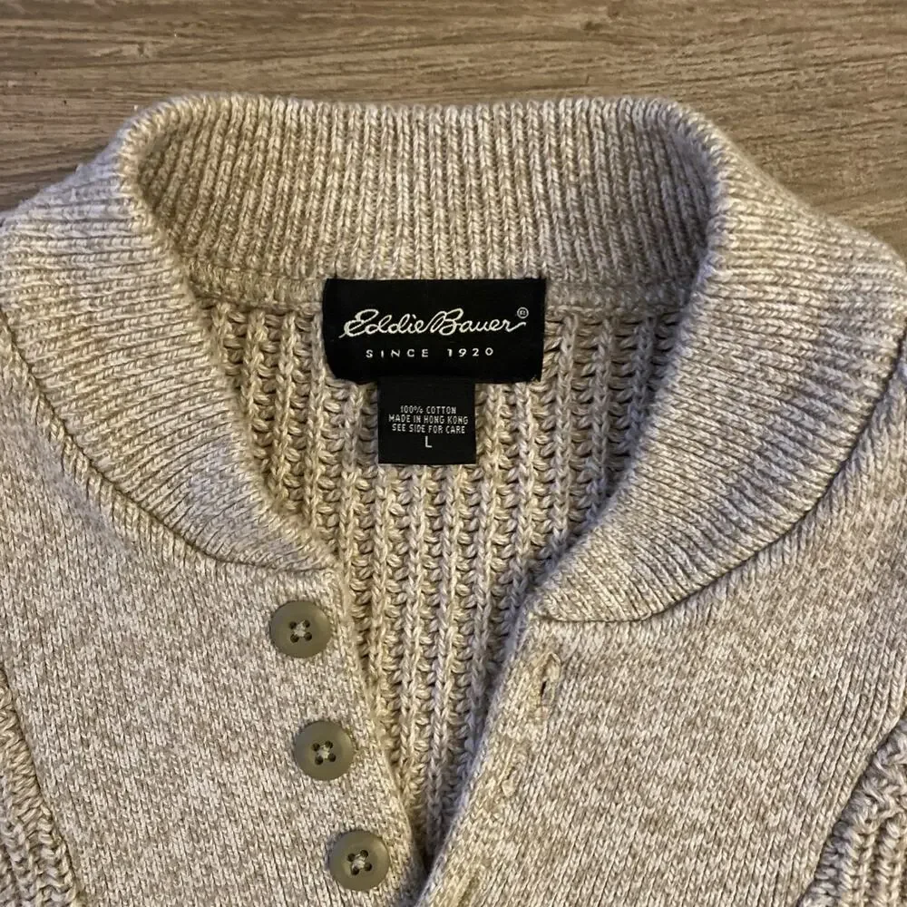 Vintage Eddie Bauer Sweater Mens Large Beige Cotton Henley Knit Pullover - Picture 2 of 6